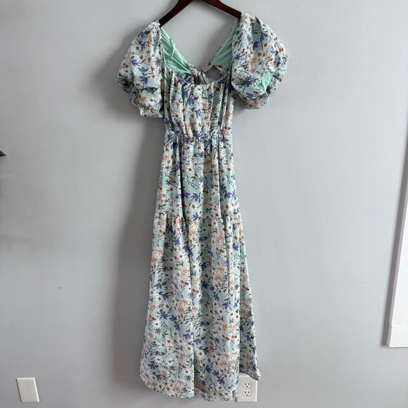 ASTR THE LABEL | Women’s Puff Sleeve Floral Cotton Midi Dress Bubble Blue Spring - Picture 4 of 12